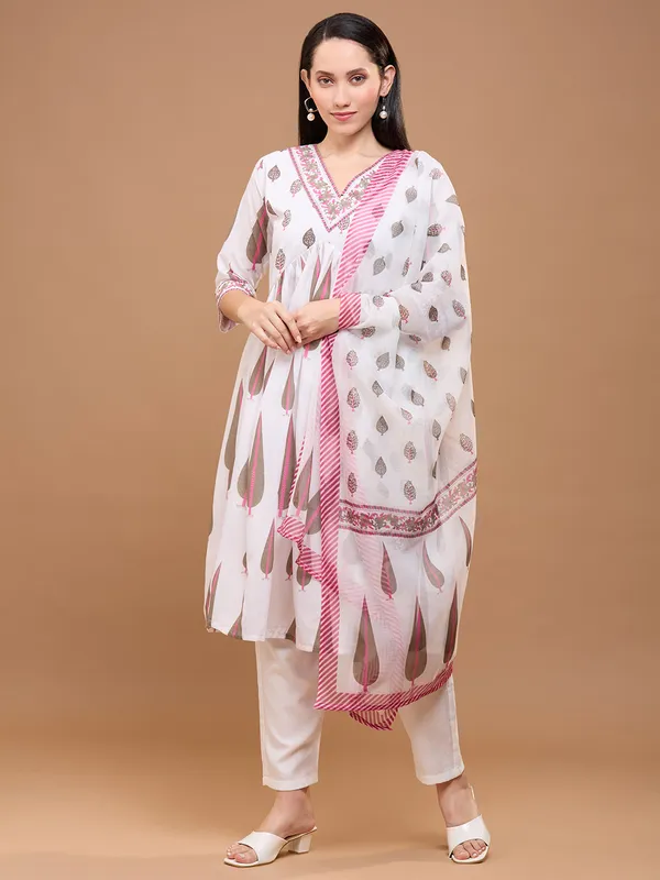 White_Cotton_Floral_Print_Anarkali_With_Trousers_&_Dupatta_Kurta_Set_For_Women