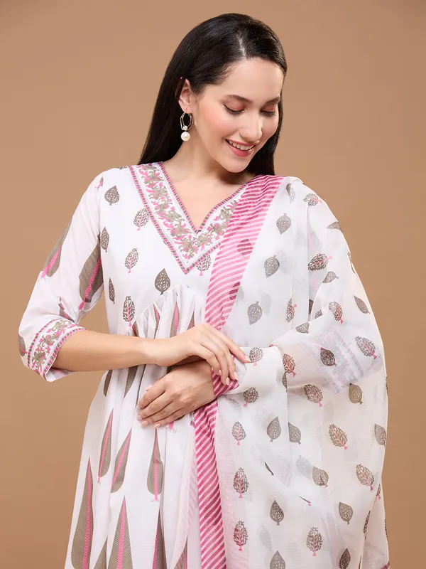 White_Cotton_Floral_Print_Anarkali_With_Trousers_&_Dupatta_Kurta_Set_For_Women