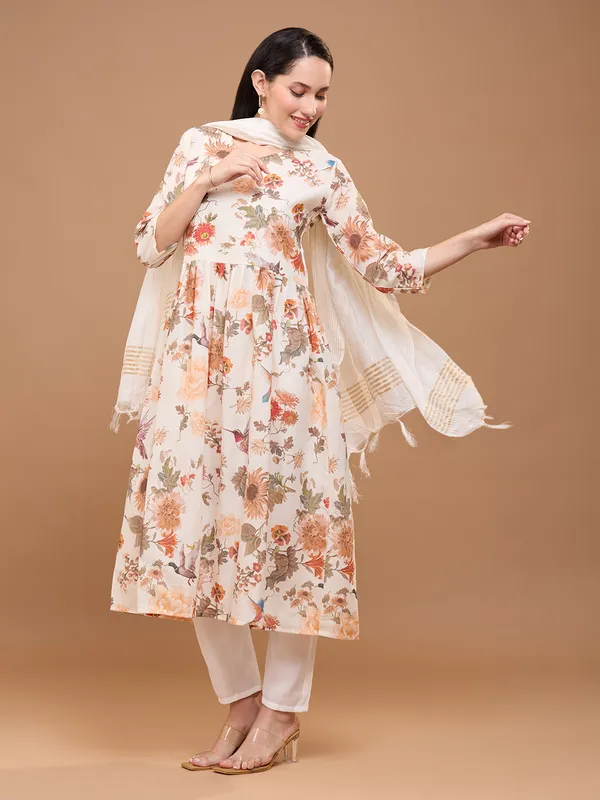 Off-White_Cotton_Floral_Printed_Anarkali_Kurta_With_Solid_Trousers_&_Dupatta_For_Women