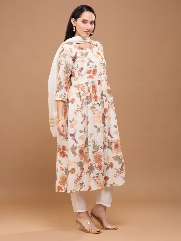 Off-White_Cotton_Floral_Printed_Anarkali_Kurta_With_Solid_Trousers_&_Dupatta_For_Women