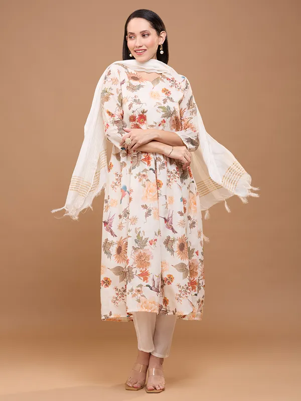 Off-White_Cotton_Floral_Printed_Anarkali_Kurta_With_Solid_Trousers_&_Dupatta_For_Women