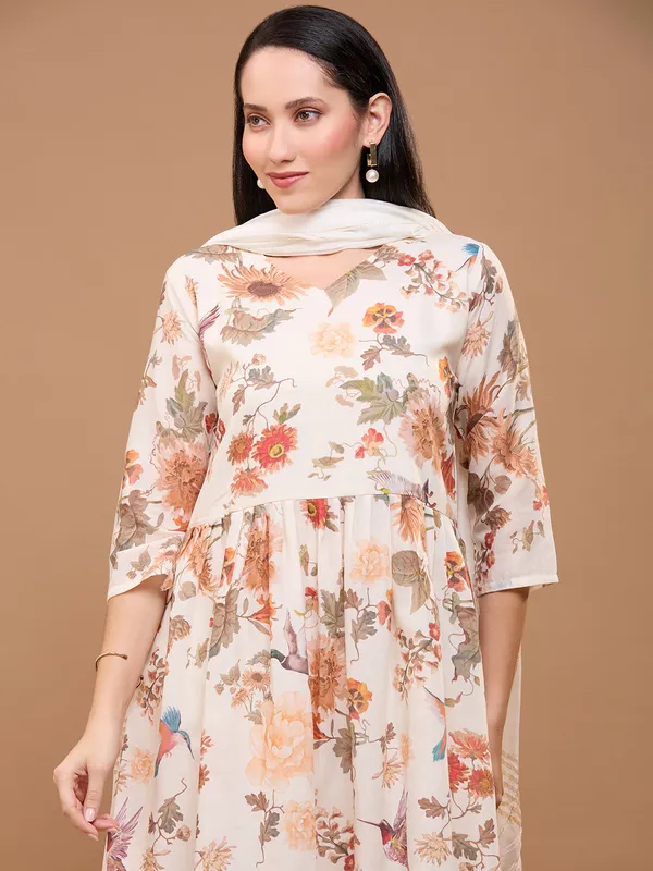 Off-White_Cotton_Floral_Printed_Anarkali_Kurta_With_Solid_Trousers_&_Dupatta_For_Women