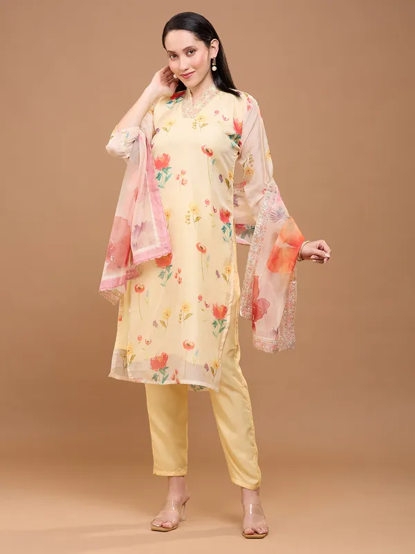 Soft_Yellow_Cotton_Floral_Printed_Straight_Kurta_With_Solid_Trousers_&_Dupatta_For_Women
