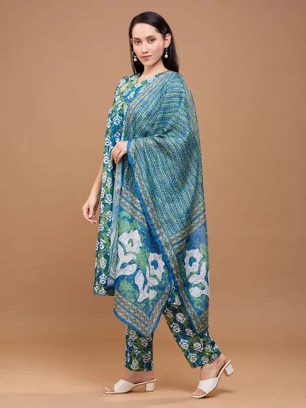 Green_Cotton_Floral_Printed_Anarkali_Kurta_With_Trousers_&_Dupatta_For_Women