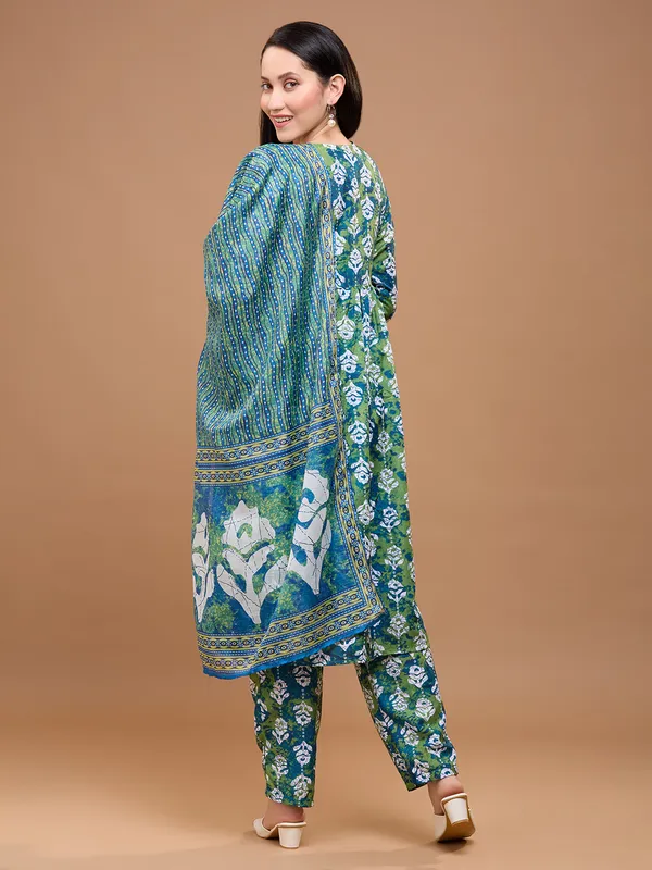 Green_Cotton_Floral_Printed_Anarkali_Kurta_With_Trousers_&_Dupatta_For_Women