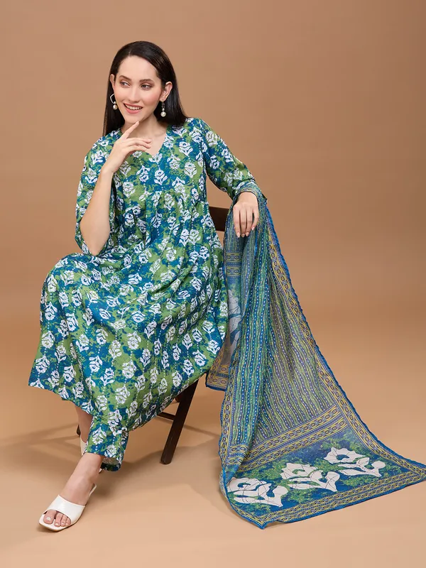 Green_Cotton_Floral_Printed_Anarkali_Kurta_With_Trousers_&_Dupatta_For_Women