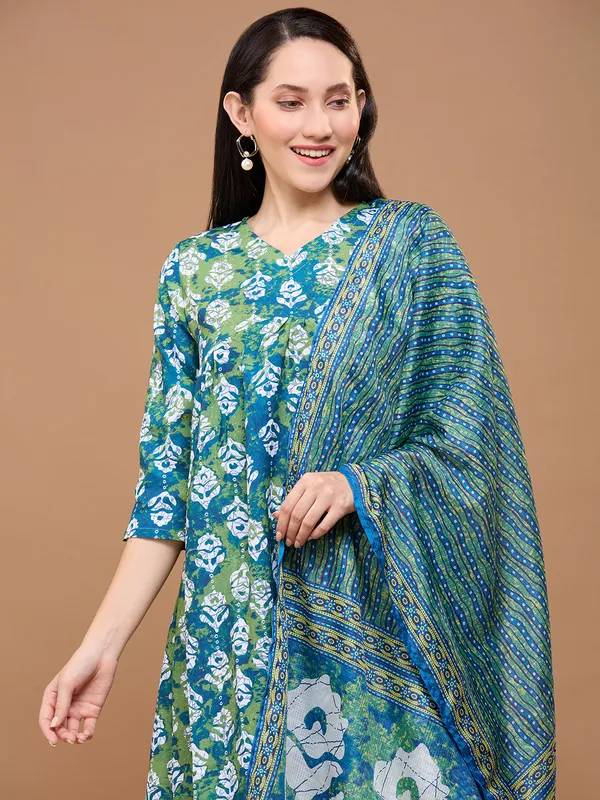 Green_Cotton_Floral_Printed_Anarkali_Kurta_With_Trousers_&_Dupatta_For_Women