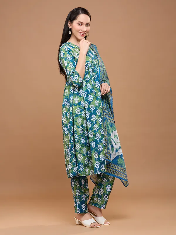 Green_Cotton_Floral_Printed_Anarkali_Kurta_With_Trousers_&_Dupatta_For_Women