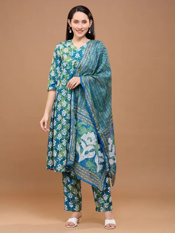 Green_Cotton_Floral_Printed_Anarkali_Kurta_With_Trousers_&_Dupatta_For_Women