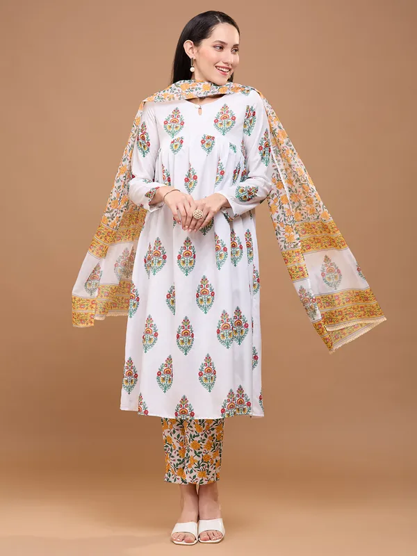 White_Cotton_Floral_Printed_Kurta_With_Printed_Trousers_&_Dupatta_Kurta_Set_For_Women