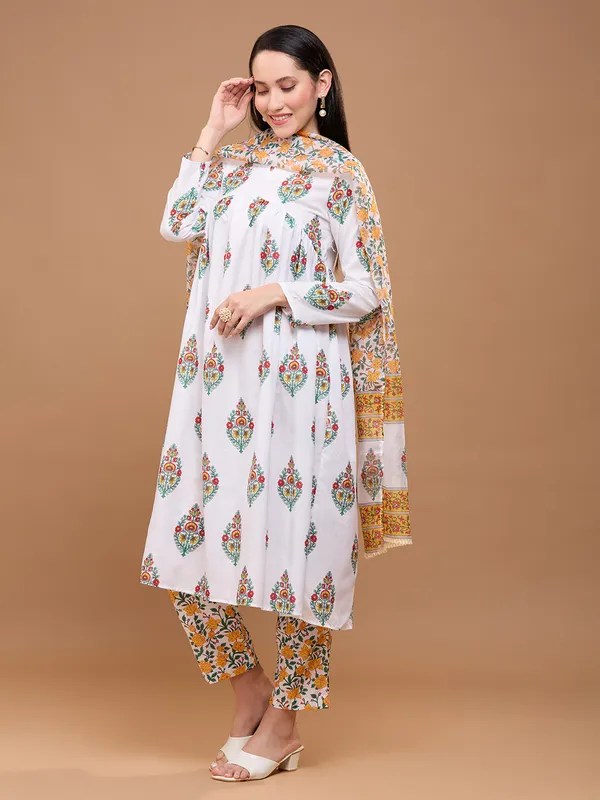 White_Cotton_Floral_Printed_Kurta_With_Printed_Trousers_&_Dupatta_Kurta_Set_For_Women