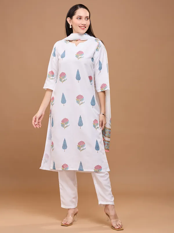 White_Cotton_Rustic_Floral_Printed_Regular_Straight_Kurta_Set_With_Dupatta_For_Women