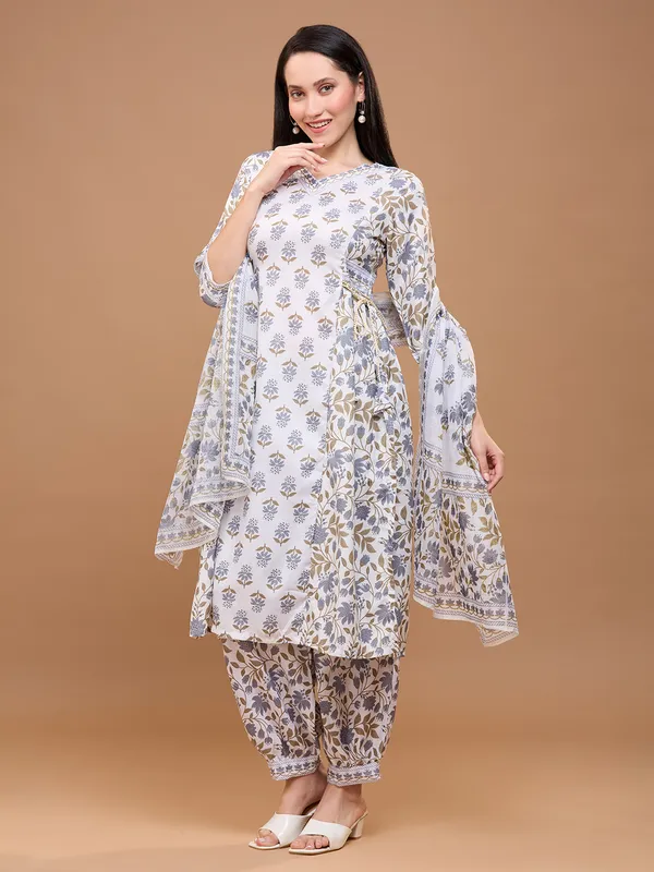 White_Cotton_Floral_Printed_Afghani_Kurta_With_Patiala_Pants_&_Dupatta_Kurta_Set_For_Women