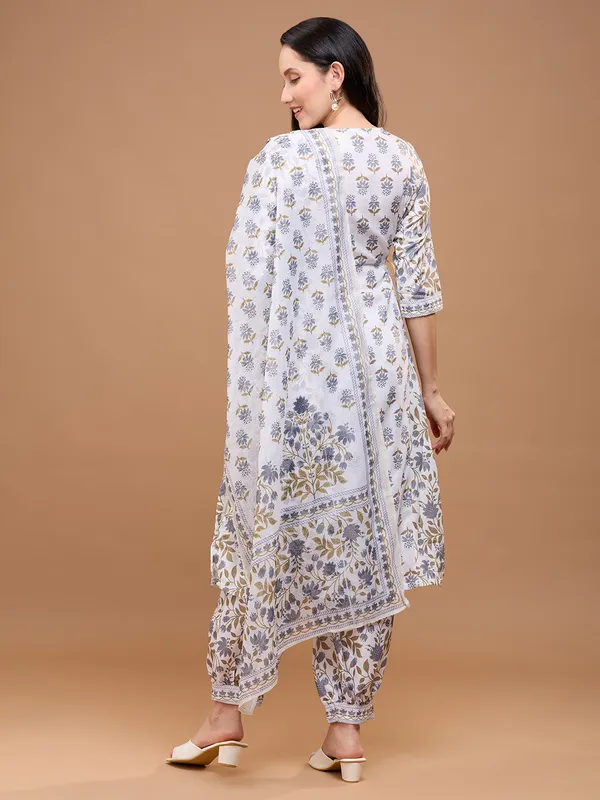 White_Cotton_Floral_Printed_Afghani_Kurta_With_Patiala_Pants_&_Dupatta_Kurta_Set_For_Women