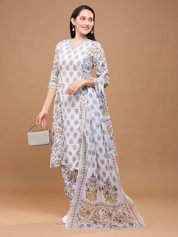 White_Cotton_Floral_Printed_Afghani_Kurta_With_Patiala_Pants_&_Dupatta_Kurta_Set_For_Women