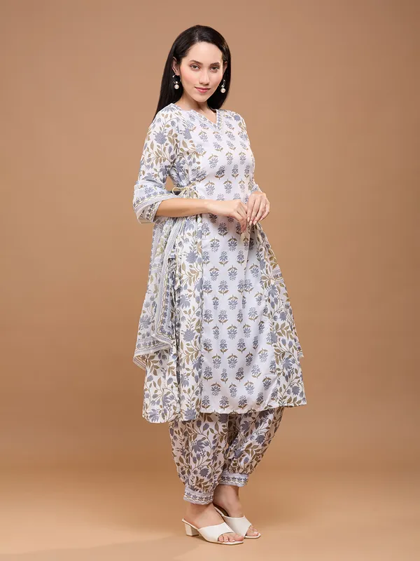 White_Cotton_Floral_Printed_Afghani_Kurta_With_Patiala_Pants_&_Dupatta_Kurta_Set_For_Women