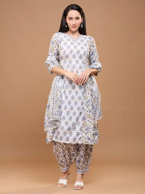 White_Cotton_Floral_Printed_Afghani_Kurta_With_Patiala_Pants_&_Dupatta_Kurta_Set_For_Women