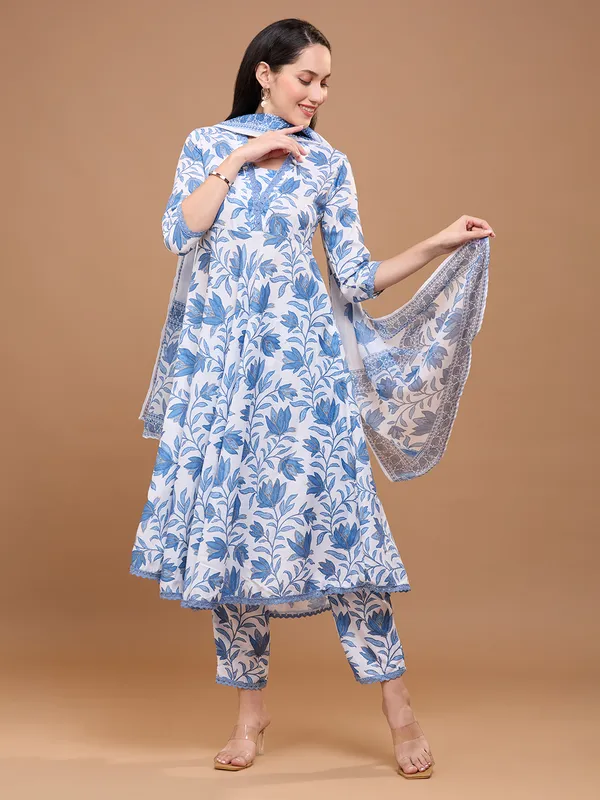 White_Cotton_Floral_Printed_Anarkali_Kurta_With_Trousers_&_Dupatta_For_Women