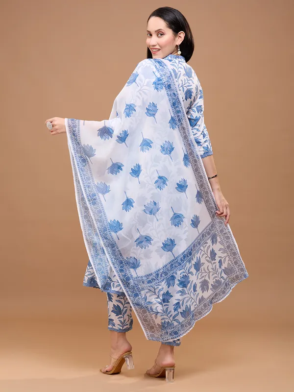 White_Cotton_Floral_Printed_Anarkali_Kurta_With_Trousers_&_Dupatta_For_Women
