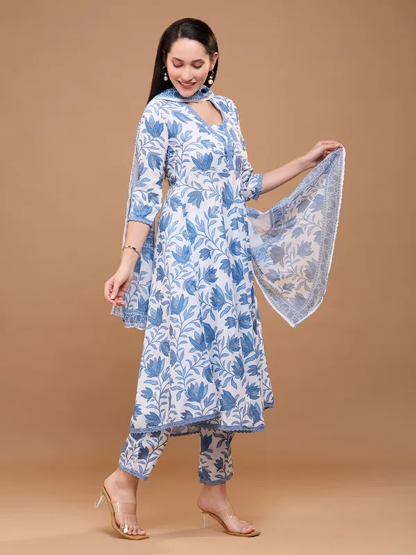 White_Cotton_Floral_Printed_Anarkali_Kurta_With_Trousers_&_Dupatta_For_Women