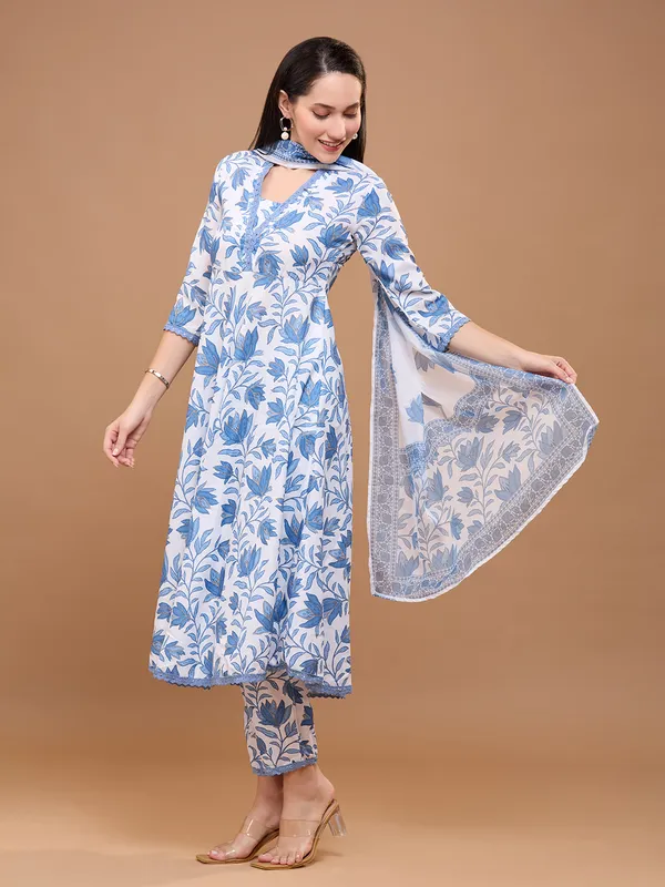 White_Cotton_Floral_Printed_Anarkali_Kurta_With_Trousers_&_Dupatta_For_Women