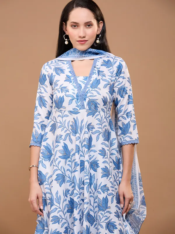 White_Cotton_Floral_Printed_Anarkali_Kurta_With_Trousers_&_Dupatta_For_Women