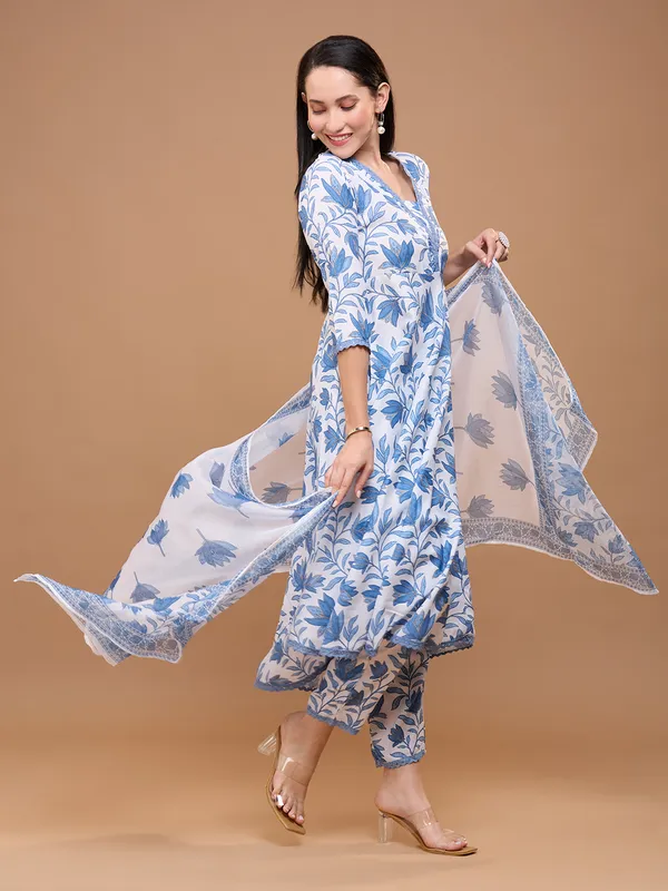 White_Cotton_Floral_Printed_Anarkali_Kurta_With_Trousers_&_Dupatta_For_Women