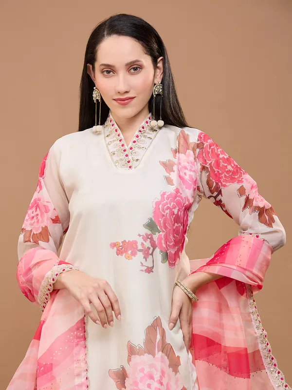 White_&_Pink_Cotton_Floral_A-Line_Kurta_Set_With_Dupatta_For_Women