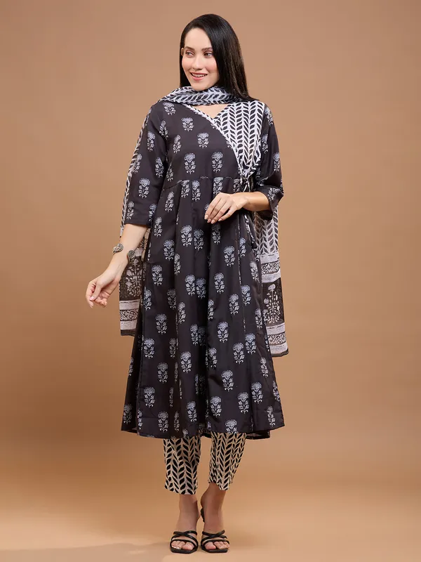 Black_Cotton_Floral_Printed_Anarkali_Kurta_With_Printed_Trousers_&_Dupatta_For_Women