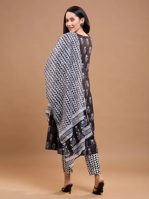 Black_Cotton_Floral_Printed_Anarkali_Kurta_With_Printed_Trousers_&_Dupatta_For_Women