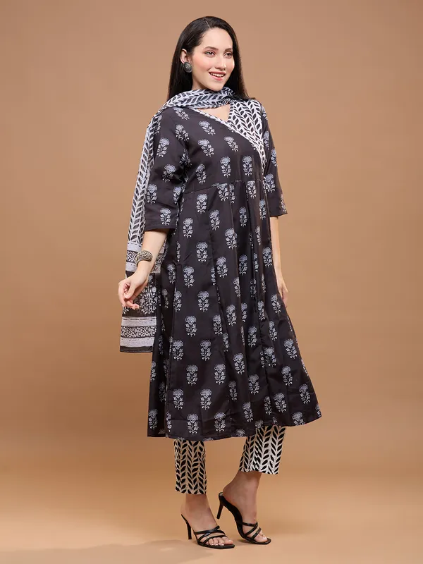 Black_Cotton_Floral_Printed_Anarkali_Kurta_With_Printed_Trousers_&_Dupatta_For_Women