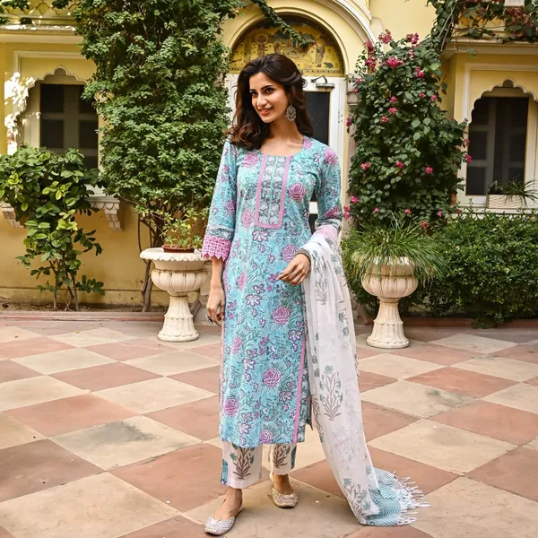 Light_Blue_Cotton_Floral_Printed_Straight_Kurta_With_Trousers_&_Dupatta_For_Women