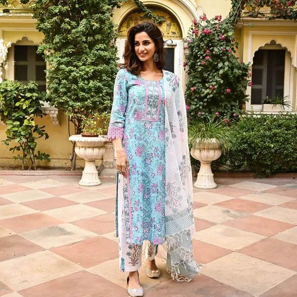 Light_Blue_Cotton_Floral_Printed_Straight_Kurta_With_Trousers_&_Dupatta_For_Women