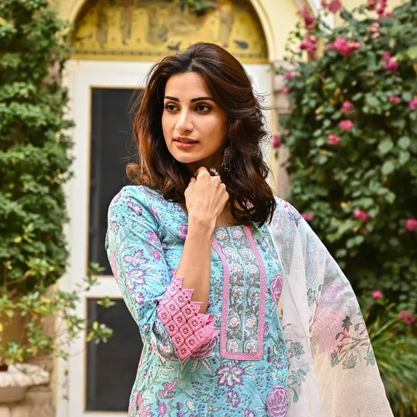Light_Blue_Cotton_Floral_Printed_Straight_Kurta_With_Trousers_&_Dupatta_For_Women