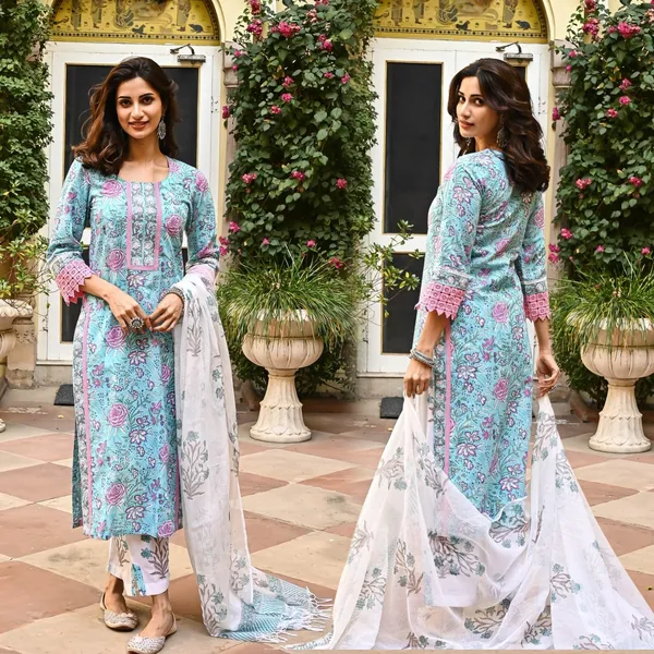 Light_Blue_Cotton_Floral_Printed_Straight_Kurta_With_Trousers_&_Dupatta_For_Women