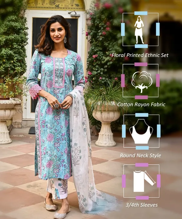 Light_Blue_Cotton_Floral_Printed_Straight_Kurta_With_Trousers_&_Dupatta_For_Women