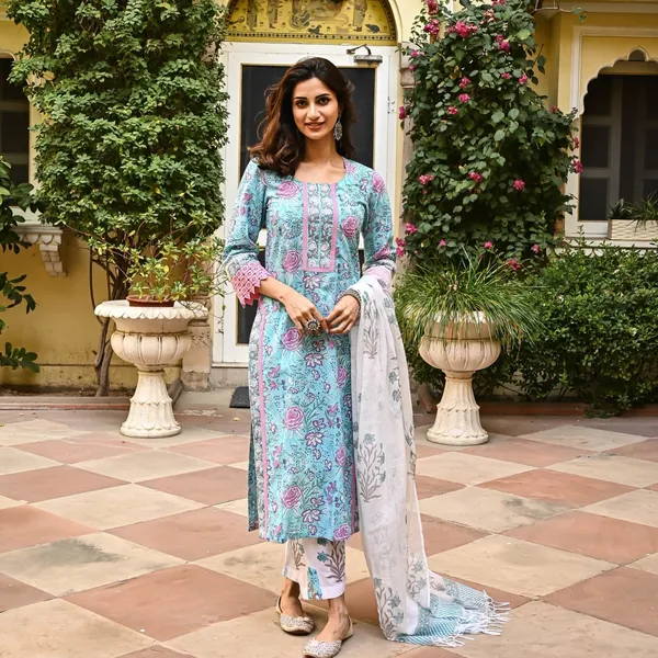 Light_Blue_Cotton_Floral_Printed_Straight_Kurta_With_Trousers_&_Dupatta_For_Women