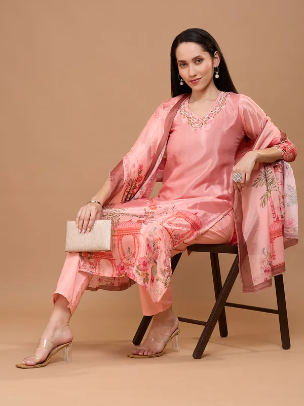 Solid_Peach_Cotton_Printed_Kurta_Set_With_Embroidered_Neck_&_Dupatta_For_Women