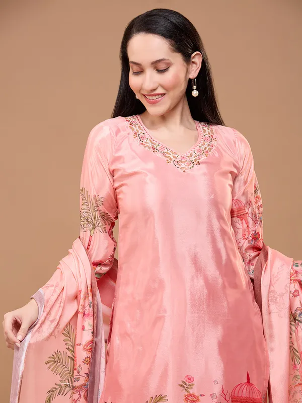Solid_Peach_Cotton_Printed_Kurta_Set_With_Embroidered_Neck_&_Dupatta_For_Women