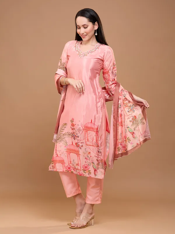 Solid_Peach_Cotton_Printed_Kurta_Set_With_Embroidered_Neck_&_Dupatta_For_Women