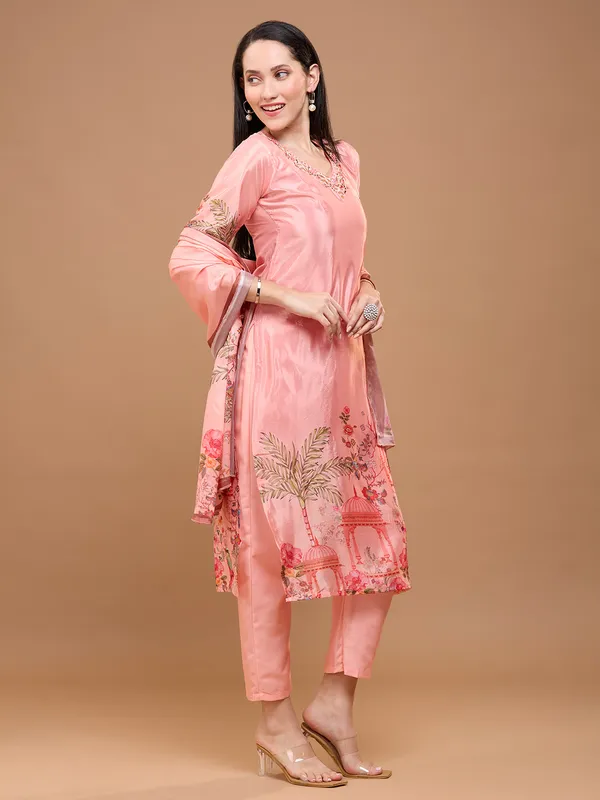 Solid_Peach_Cotton_Printed_Kurta_Set_With_Embroidered_Neck_&_Dupatta_For_Women
