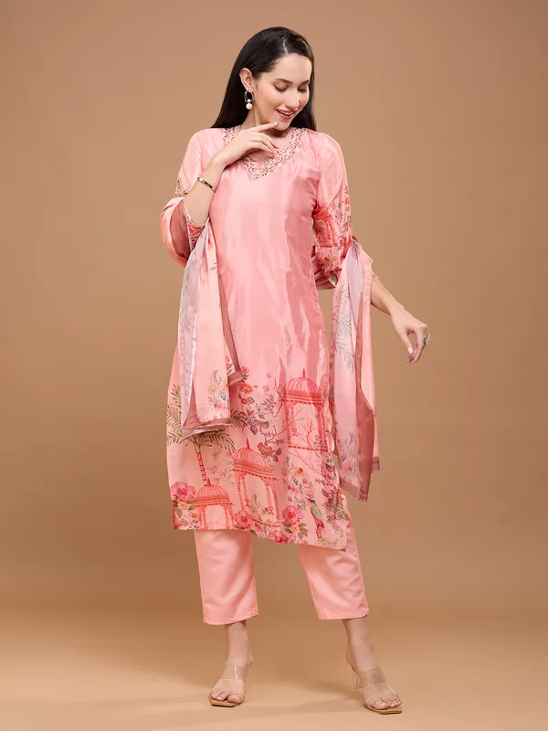 Solid_Peach_Cotton_Printed_Kurta_Set_With_Embroidered_Neck_&_Dupatta_For_Women