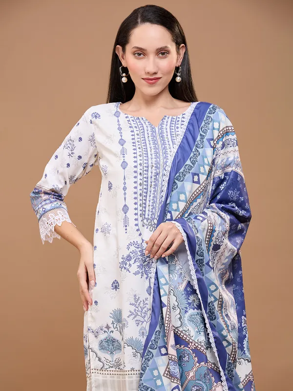 White_Cotton_Printed_Straight_Kurta_Set_With_Dupatta_&_Lace_Detailing_For_Women