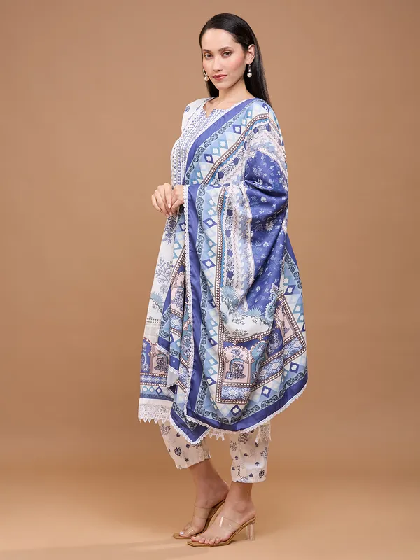 White_Cotton_Printed_Straight_Kurta_Set_With_Dupatta_&_Lace_Detailing_For_Women