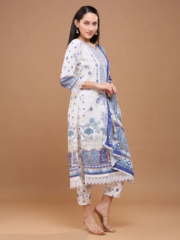 White_Cotton_Printed_Straight_Kurta_Set_With_Dupatta_&_Lace_Detailing_For_Women