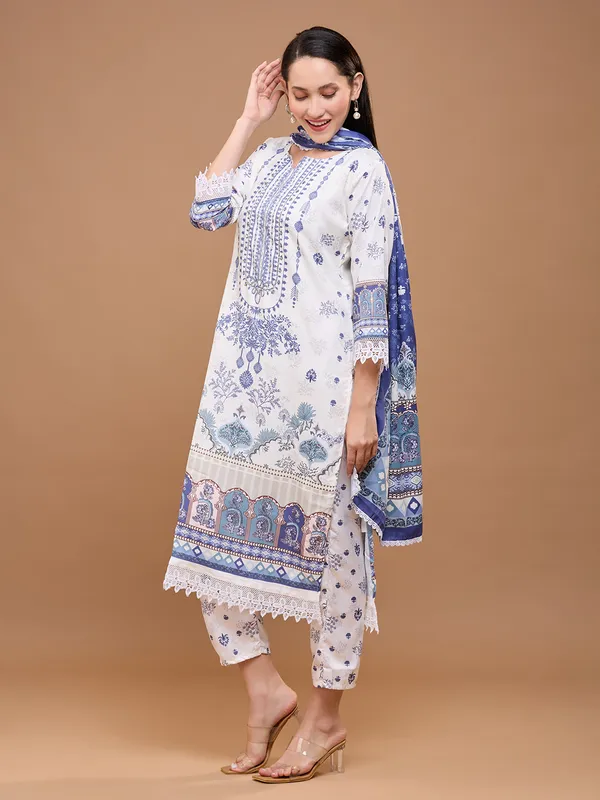 White_Cotton_Printed_Straight_Kurta_Set_With_Dupatta_&_Lace_Detailing_For_Women
