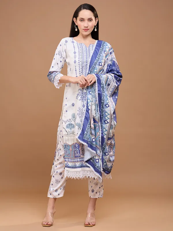 White_Cotton_Printed_Straight_Kurta_Set_With_Dupatta_&_Lace_Detailing_For_Women