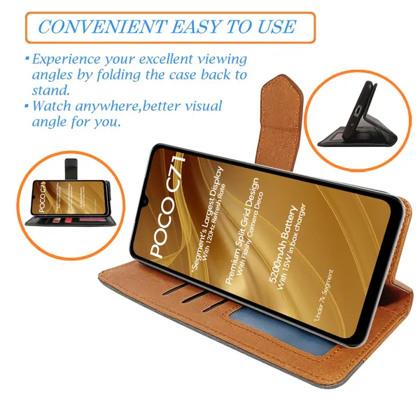 Brown_Artificial_Leather_See_Through_Design_Magnetic_Case_For_Poco_C71