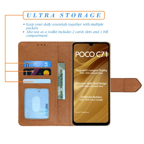 Brown_Artificial_Leather_See_Through_Design_Magnetic_Case_For_Poco_C71
