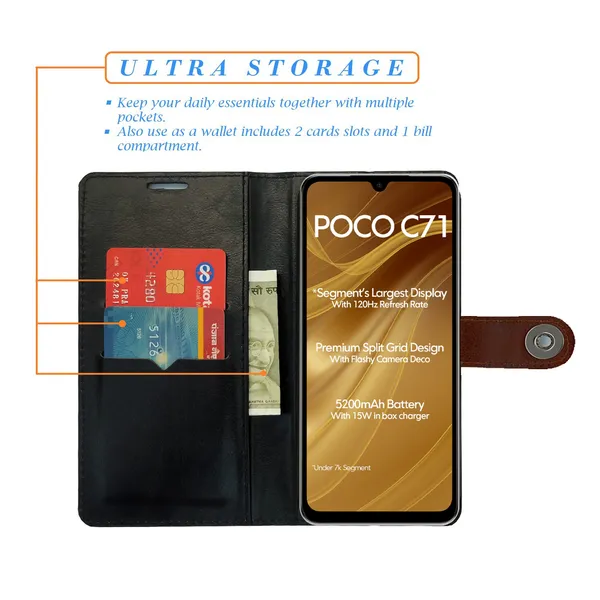 Brown_Artificial_Leather_See_Through_Design_Magnetic_Case_For_Poco_C71